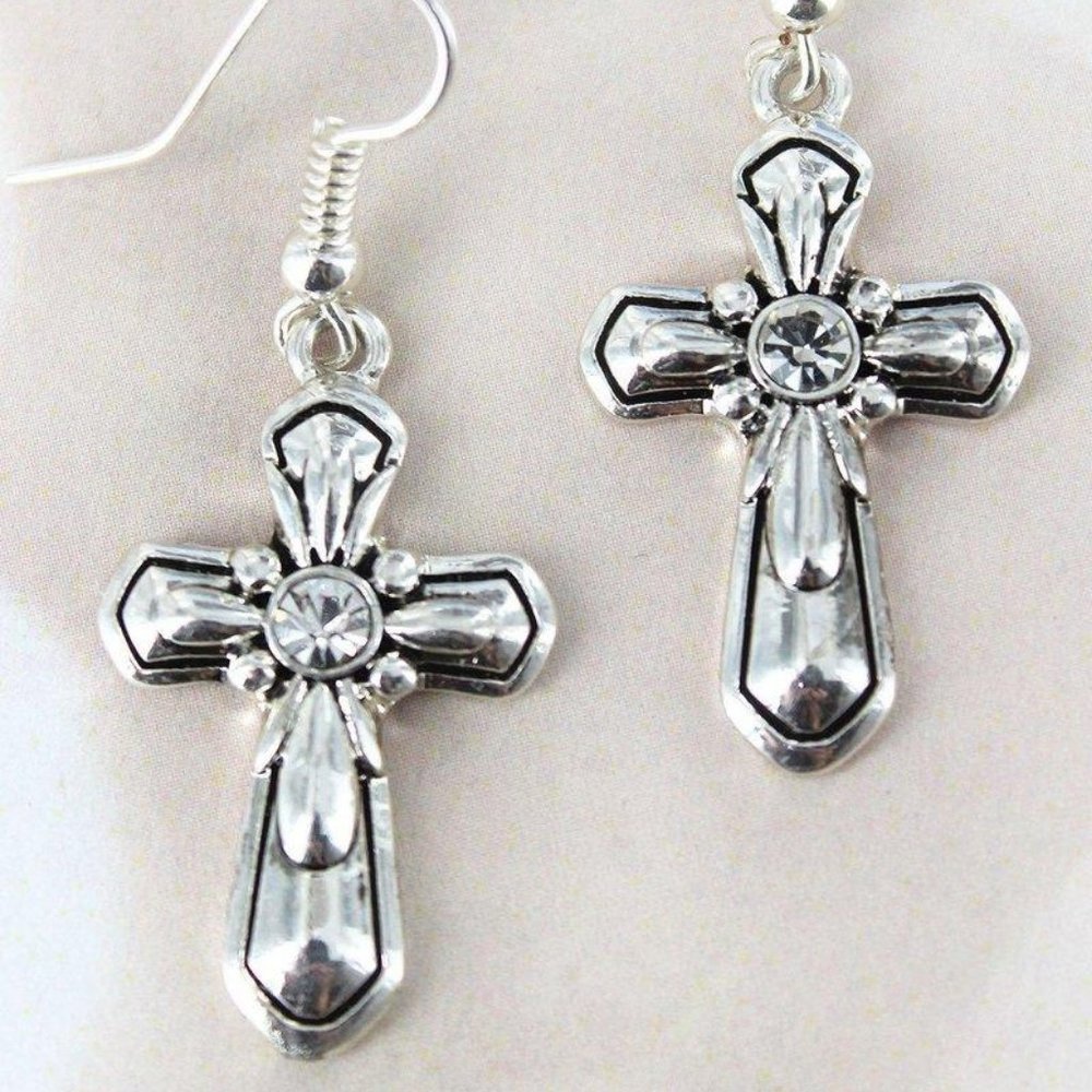 SILVER CROSS WITH CRYSTAL EARRINGS